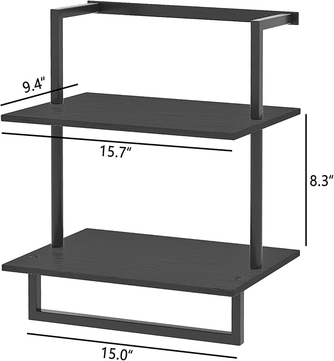 Wall Mounted Towel Rack for Bathroom, Bath Storage Holder 3-Tier Steel Wood Towel Shelf with Bar, Black