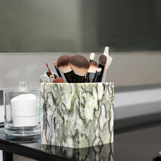 Natural Marble Toothbrush Holder for Bathroom Countertop (8.5x8.5x10cm) - Multifunctional Organizer for Makeup Brushes, Vanity Accessories & Utensils Sink (1, Green Emerald)