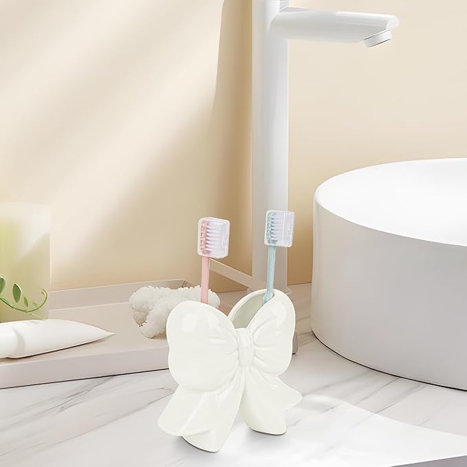 Cute Toothbrush Holder, Ceramic Bow Toothbrush Holder, with Drain Hole Bathroom Countertop Accessories, for Bathroom Canister Storage Organization, Vanity Makeup Organizer (White)