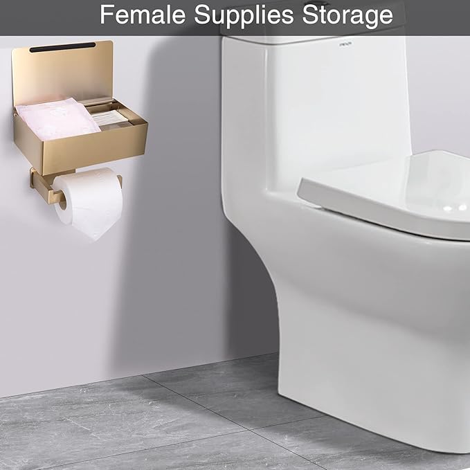 Adhesive Toilet Paper Holder with Shelf and Storage, Wall Mount Toilet Paper Roll Holder & Flushable Wipes Dispenser Set Fits Any Bathroom, Stainless Steel Tissue Holder-Square, Gold