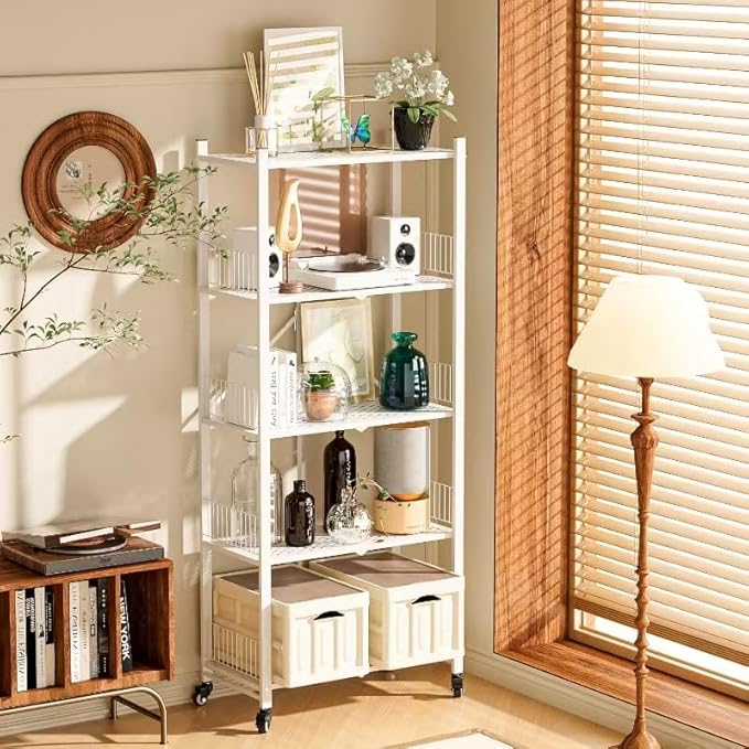 Folding Shelves No Assembly, 5 Tier Heavy Duty Foldable Storage Shelves with Wheels, 220LBS Per Shelf Metal Collapsible Rack for Garage Pantry, White