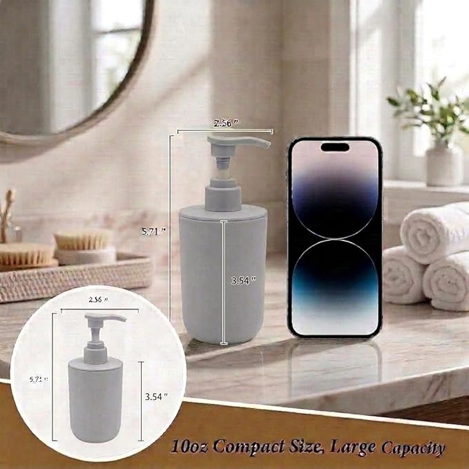 4-Piece Light Gray Bathroom Organizer Set, Plastic Countertop Storage with Lotion Soap Dispenser, Tumbler, Cotton Swab Cup & Vanity Tray – Clean Bathroom Decor for Modern Spaces