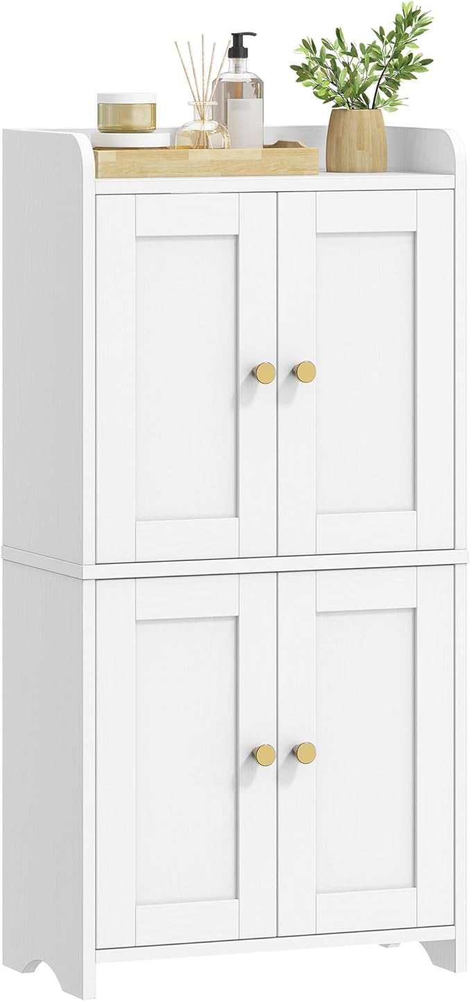 HEXCELEN Small Storage Cabinet, Bathroom Storage Cabinet with 4 Doors, Floor Bathroom Organizer Freestanding for Small Spaces, Living Room, Kitchen, Entryway (Streamlined American, White)