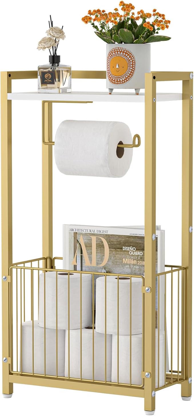 Toilet Paper Holder with Storage Shelf - Freestanding Roll Dispenser for Bathroom, Bathroom Organizer for Tissues and More Gold