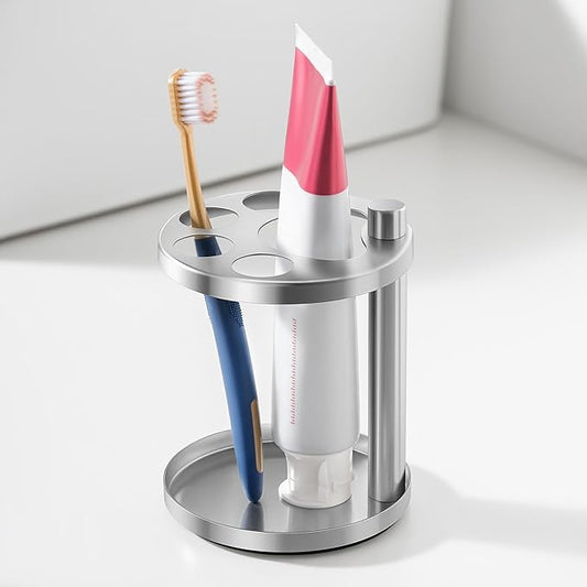 Stainless Toothbrush Holder Stand for Bathroom: Stainless Steel Ventilated Organizer with Slots for Electric Toothbrushes, Toothpaste, Razors & Small Comb, Unique Footprint Base Design, Brushed Silver