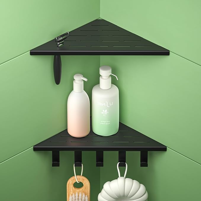10'' Corner Shower Shelf, 304 Stainless Steel Shelves for Bathroom, Grout in Shelf with Hooks for Tiled Wall (Matte Black)