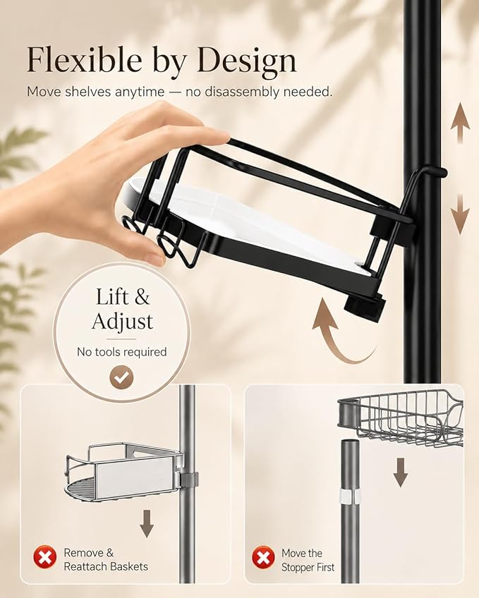 ALLZONE Corner Shower Caddy Tension Pole, 4 Hang-On Basket with Mixed-Height Shelves for Various Bottle Sizes, Extra Hooks & Soap Holder, Rustproof Stainless Steel, Fits 34–116 Inch, Black/White