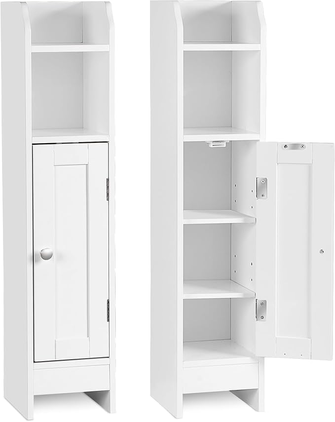 SUPER DEAL Small Bathroom Storage Corner Cabinet Set of 2, Narrow Floor Bathroom Toilet Paper Storage Organizer with Adjustable Shelves for Small Space, White