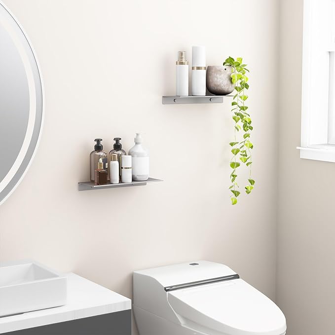 Danpoo 16 inch Gray Metal Floating Shelves for Wall Organizer & Storage, Display Shelves for Bathroom, Living Room, Kitchen, Bedroom(2-Pack)