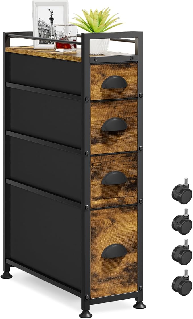 LASZOLA 4 Drawer Narrow Dresser Slim Cabinet Skinny Storage Tower Chest, Ideal for Small Spaces Bathroom, Between Washer and Dryer, Lightweight Mobile on Wheels, Sturdy Fabric Drawers, Brown