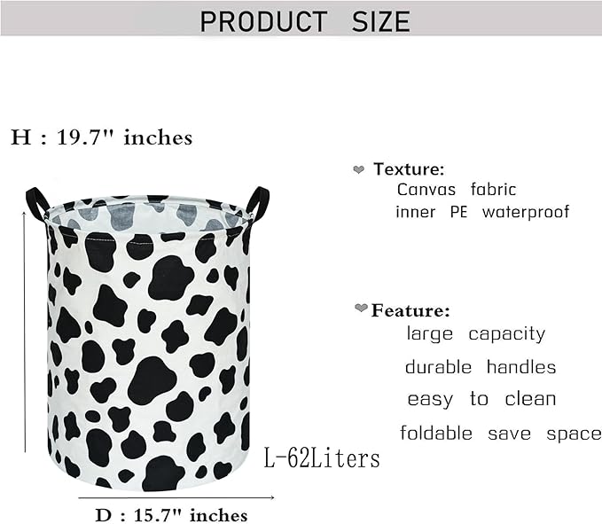 Kids Laundry Hamper Clothes Gift Basket Storage Laundry Baskets Organizer Bin with Handles for Nursery Room (Rould Cow pattern)