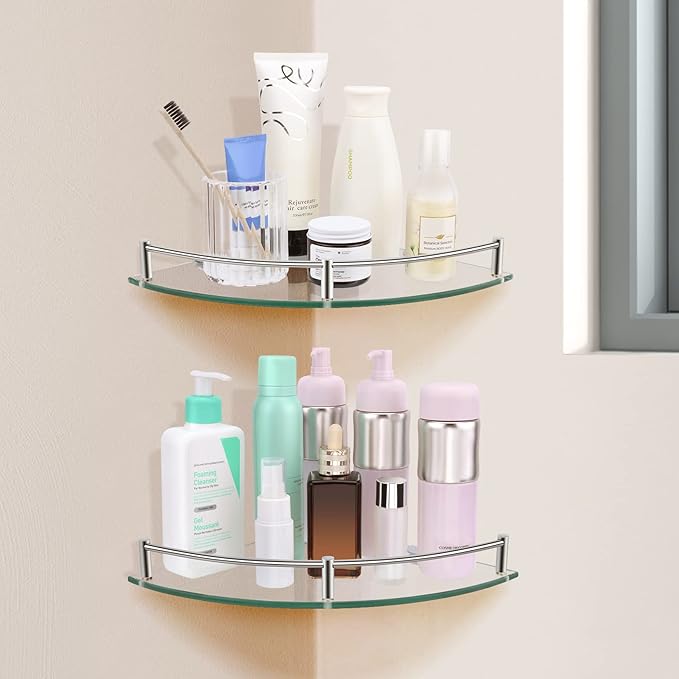 Glass Bathroom Shelves - Set of 2 Corner Shelves, Shower and Wall Mount, Floating Glass Shelves for Bathroom, Kitchen, Living Room (Silver)