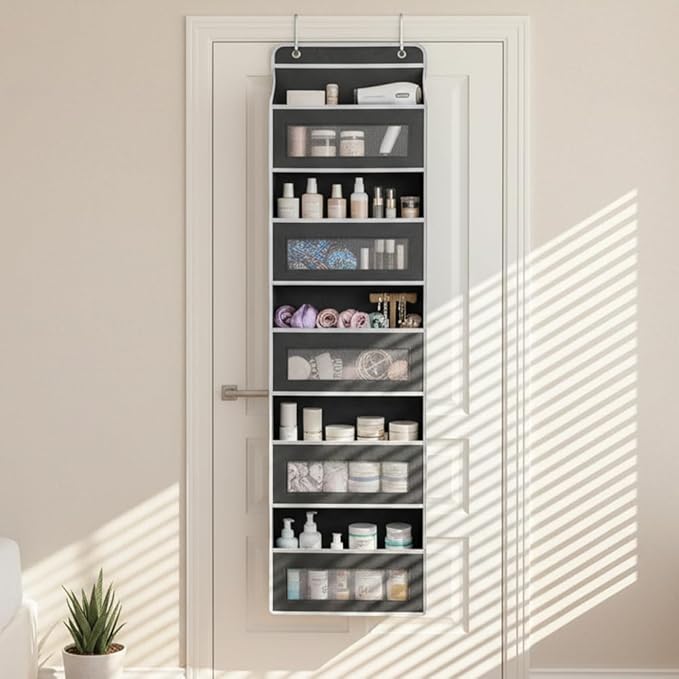 SakerPlus Over The Door Organizer, 5-Tier Hanging Storage with 5 Front Pockets & 5 Side Mesh Pockets, Holds Up to 44 lb, No-Drill Door Shelf for Bathroom, Closet, Pantry, Bedroom (Grey)