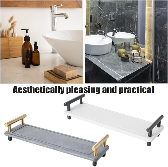 Instant Dry Sink Caddy Organizer,Diatomaceous Earth Bathroom Organizer with Handle Water Absorbing Stone Tray for Sink Water Absorbent Diatomite Coasters (S White Black Handle)