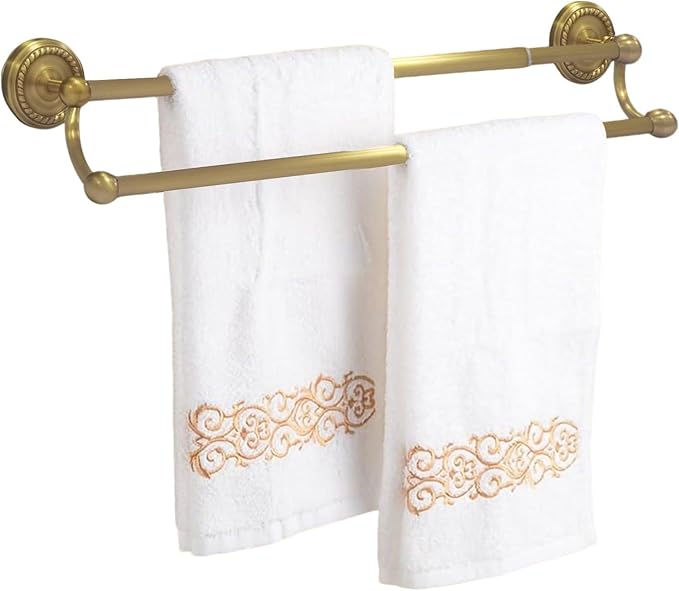 Double Towel Bar, Antique Brass Bathroom Towel Racks Wall Mounted, Adjustable Vintage Gold Towel Bar 13.4-24.8 Inch Usable Bar Length, Heavy Duty Rustproof Brass Towel Rod Holder for Bath