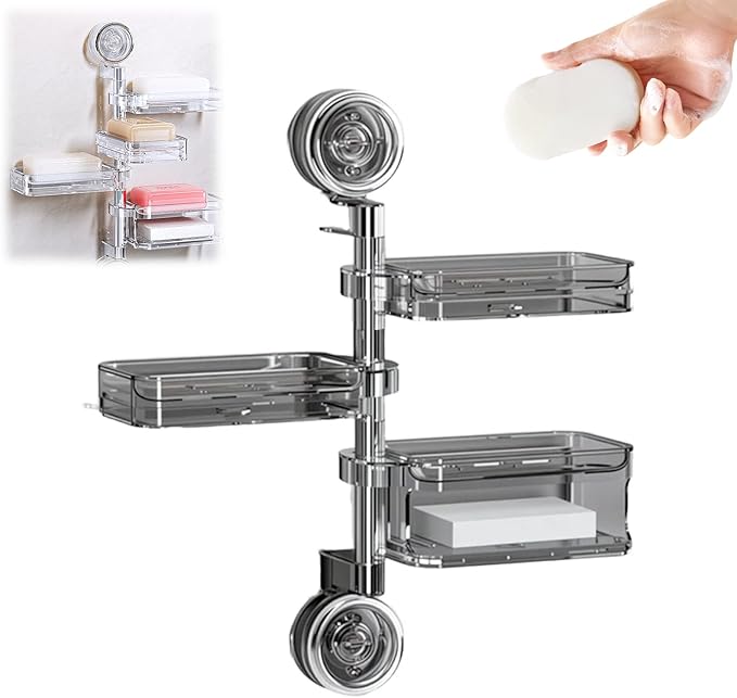LECDOA Corrugated Suction Cup Storage Holder, 2025 New Movable Shower Shelf Suction Cup, No-Drill Wall-Mounted Storage Shelf, Luxury-Style Glacier Pattern (Black-Four layers)