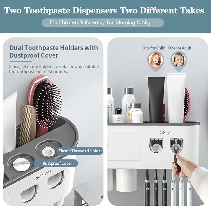 Toothbrush Holders Wall Mounted, Toothbrush Holder with Automatic Toothpaste Dispensers, 6 Brush Slots, 3 Magnetic Cups,1 Cosmetic Drawer Organizer and 1 Large Storage Tray
