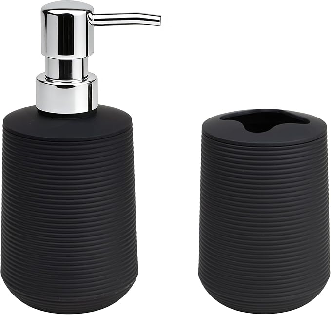 Bathroom Accessories Set, Bathroom Soap Dispenser & Toothbrush Holder Set, 2 Piece High Capacity Organizer in Black, Minimalist Boho Style for Clutter Free Bathroom
