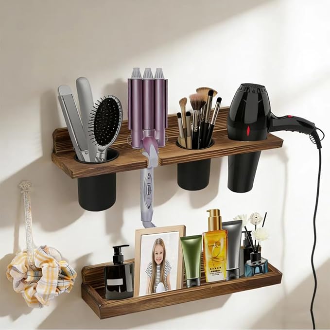 Hair Tool Organizer Wall Mount Holder, 2 Layer Rustic Blow Dryer Holder, Hair Product Wooden Storage Shelf for Hair Dryer, Curling Iron, Hot Tools, Vanity Accessories, Makeup, Toiletries(Dark Brown)