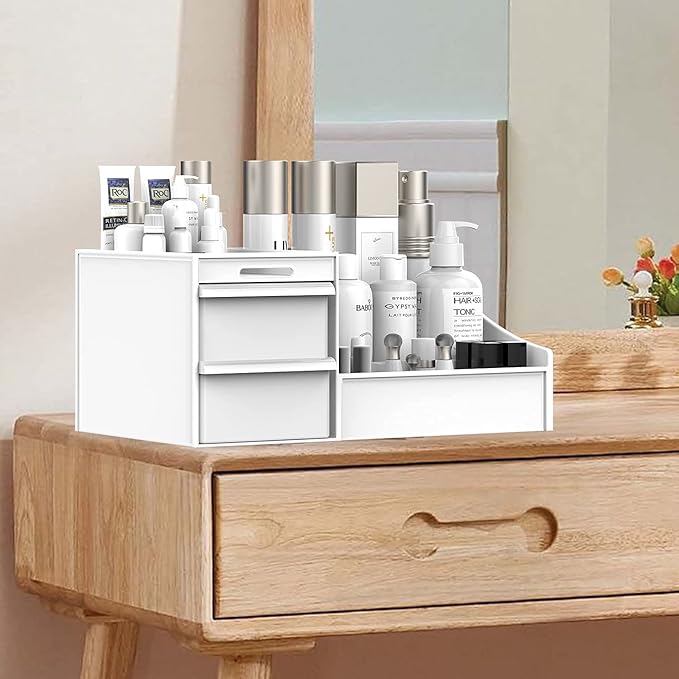 Makeup Desk Cosmetic Storage Box Organizer with Drawers for Dressing Table, Vanity Countertop, Bathroom Counter, Elegant Vanity Holder for Brushes, Eyeshadow, Lotions, Lipstick and Nail Polish