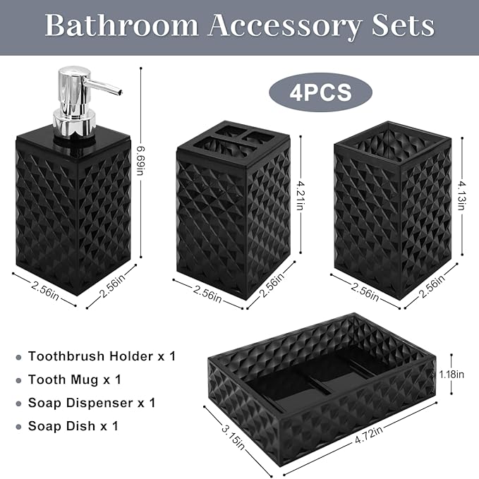 Bathroom Accessories Set, 4 Pcs Black Bathroom Decor Bathroom Sets Accessories, Diamond Soap Dispenser, Bathroom Tumbler, Soap Dish and Toothbrush Holder Set, Boho Bathroom Decor, Black