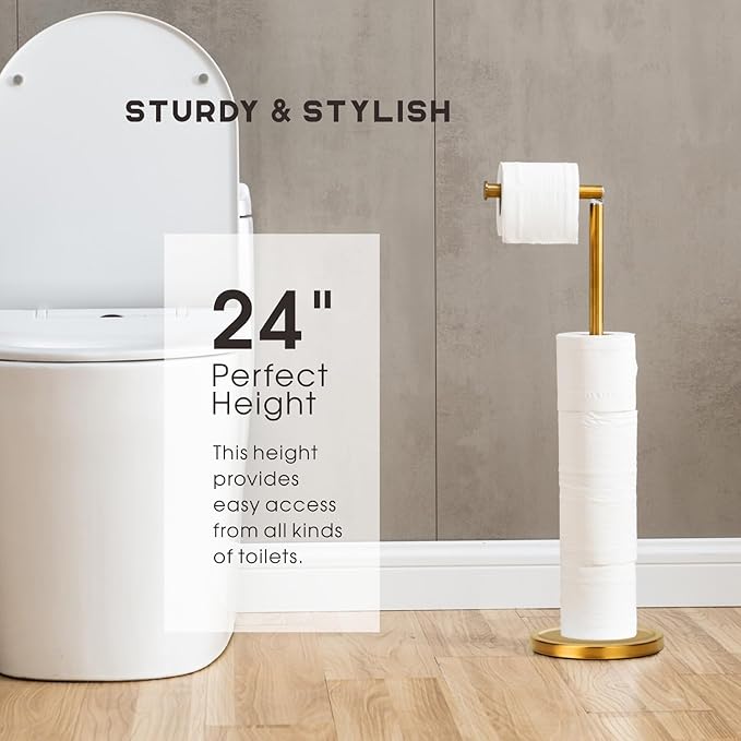 Songtec Gold Toilet Paper Holder Stand, Rust-Proof & Heavy Stainless Steel Base, Sturdy Free Standing for 5 Toilet Paper Rolls Max (Gold)