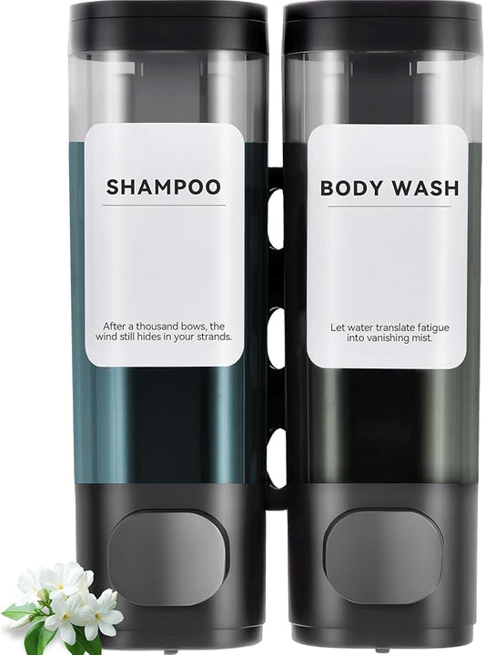2 Pack Shampoo and Conditioner Dispenser Set, Shower Soap Dispenser 2 Chamber No Drill Wall Mounted, Body Wash Dispenser for Shower Wall Mounted with Large Capacity, Elegant for Bathroom Hotel Use