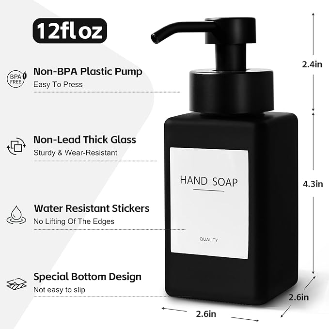 Black Foaming Hand Soap Dispenser, 12oz/350ml Glass Square Foam Soap Dispenser Set, 2Pcs Foaming Soap Dispenser with Foaming Pump, Refillable Soap Foam Dispenser for Bathroom, Kitchen