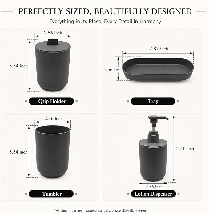 4-Piece Dark Gray Bathroom Accessory Set, Plastic Home Organizer with Lotion Soap Dispenser, Tumbler, Cotton Swab Cup & Vanity Tray – Modern Home Decor for Any Bathroom