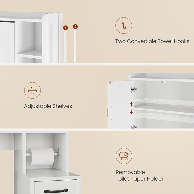 UPOSOJA Over The Toilet Storage Cabinet with Pulley Small Bathroom Storage, Space Saver W/Adjustable Shelf & Rack for Bathroom, Restroom, Laundry (White-Type B)