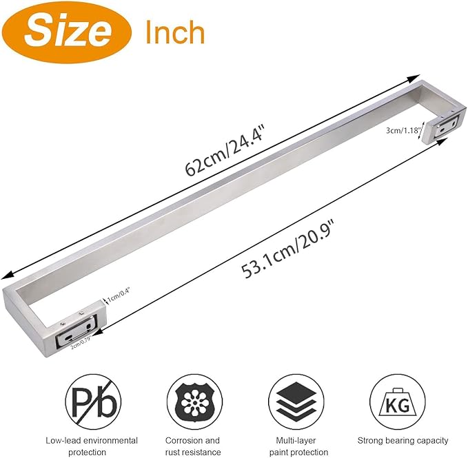 TocTen Bath Towel Rack - 2 Pack Square Base Thicken SUS304 Stainless Steel Towel Bar for Bathroom, Bathroom Bar Accessories Towel Rod Heavy Duty Wall Mounted Towel Holder(Brushed Nickel, 24 Inch)
