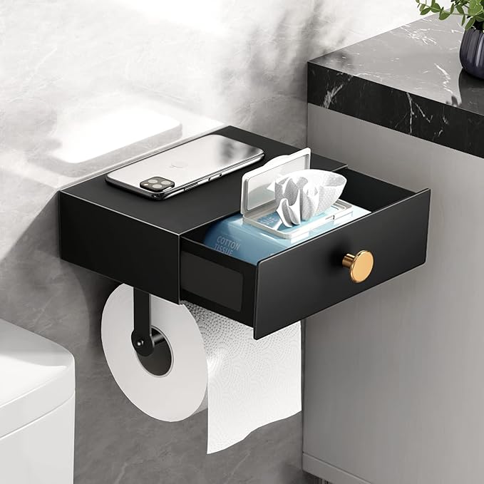 VOLDRA Toilet Paper Holder with Shelf Black Wipes Dispenser for Bathroom Stainless Steel Toilet Paper Holder with Storage Drawer Adhesive Wall Mount Small Bathroom Shelf