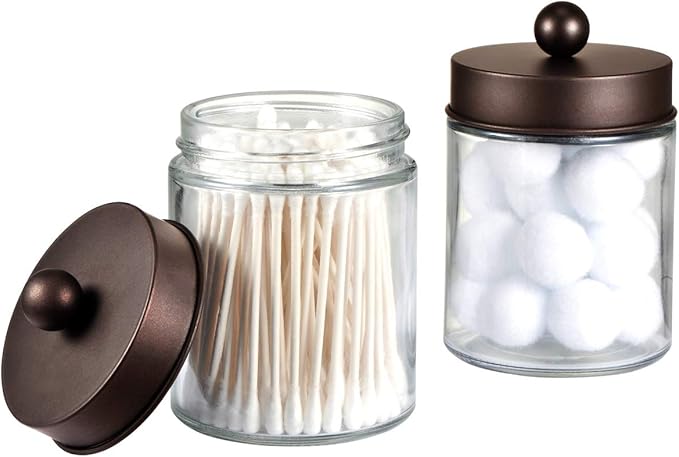 Amolliar 4Pc Apothecary Jars Bathroom Vanity Storage Organizer Set -Countertop Canister with Stainless Steel Lids &Cute Stickers - Qtip Dispenser Holder for Qtips,Cotton Swabs,Makeup Sponges (Bronze)