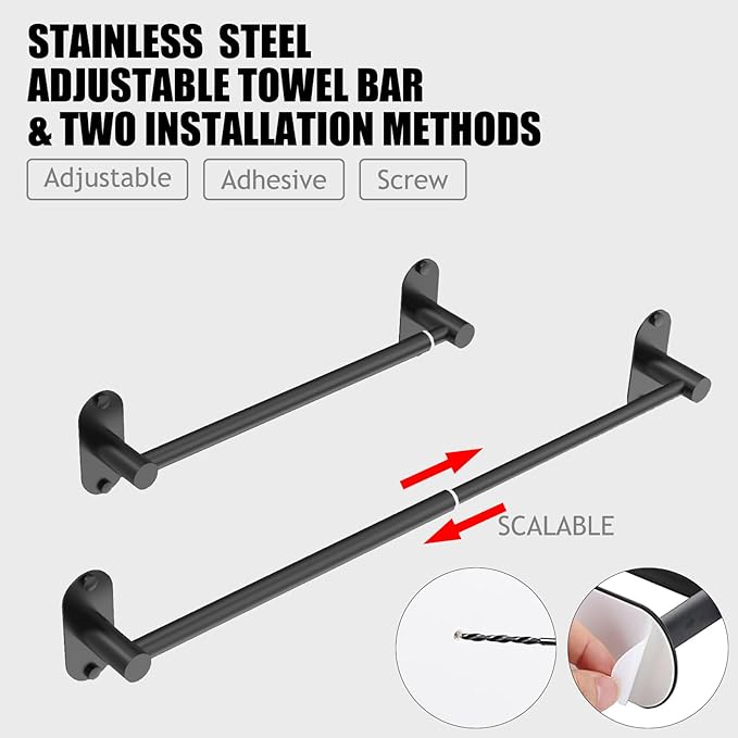Towel Bar, Adjustable 14.4inch - 25.2inch Towel Rack, Self Adhesive & Wall Mounted for Bathroom Kitchen Hand Towel Holder Cloths Hanger SUS 304 Stainless Steel Single Bar (4, Matte Black)
