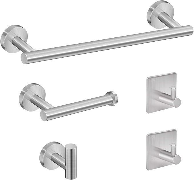 Tudoccy 5-Pieces Bathroom Hardware Set Brushed Nickel SUS304 Stainless Steel Round Wall Mounted - Includes 16" Hand Towel Bar, Toilet Paper Holder, 3 Robe Towel Hooks,Bathroom Accessories Kit