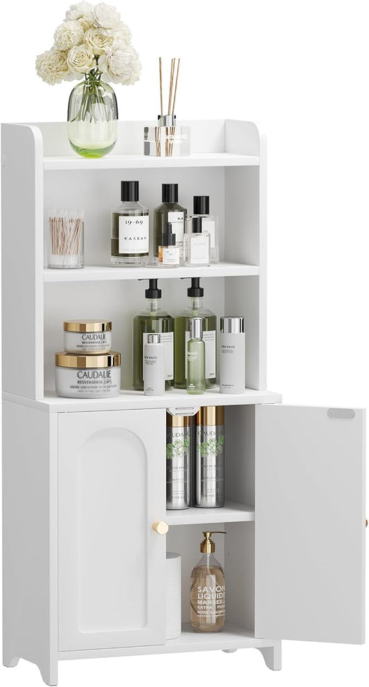Bathroom Cabinet with 2 Doors, Small Freestanding Storage Cabinet with Adjustable Shelf, Slim Bathroom Organizers, Floor Cabinet for Small Spaces, Bathroom, 7.9" D x 14.7" W x 32" H, White