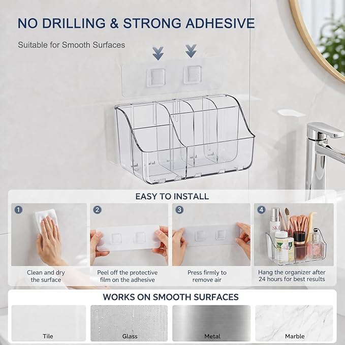 Sotfamily Clear Kids Toothbrush Holders for Bathrooms, Wall-Mounted Tooth Brush Holder & Toothpaste Holder for Bathroom Countertop or Wall, Space-Saving Bathroom Organizers and Storage(No-Drill)