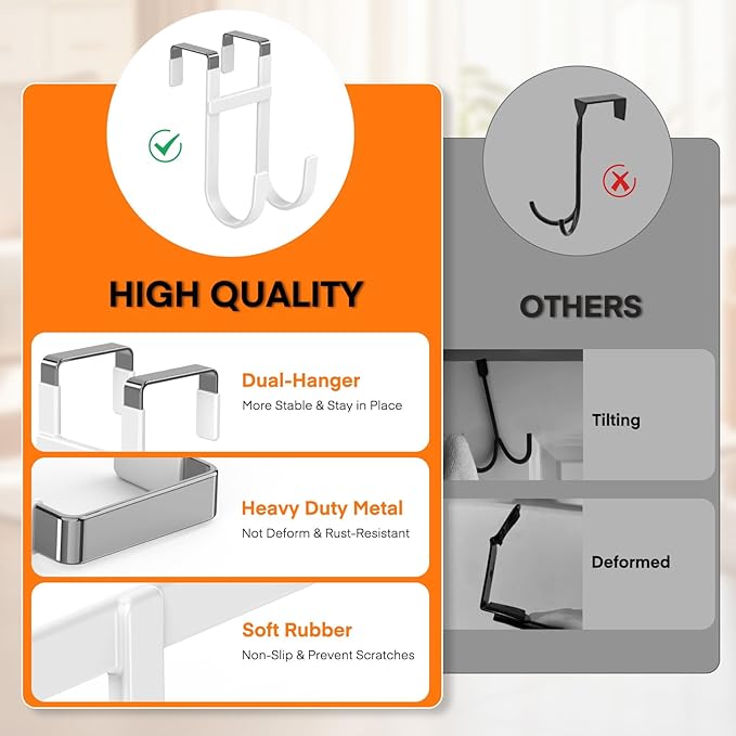 FYY Over The Door Hooks - 2 Pack Heavy Duty Double-Hanger Organizer for Bathroom Bedroom Dorm, Hanging Clothes Towels Hats Bags Ironing Board Wreath Robe - Fits Interior Doors Up to 1 3/8" White