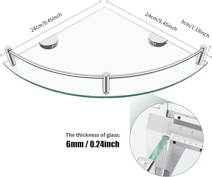 Glass Bathroom Shelves - Set of 2 Corner Shelves, Shower and Wall Mount, Floating Glass Shelves for Bathroom, Kitchen, Living Room (Silver)
