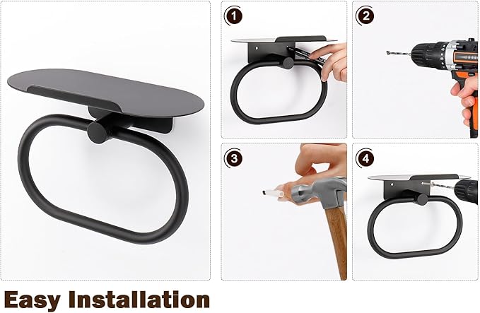 Hand Towel Ring with Shelf, Stainless Steel Hand Towel Holder, Heavy Duty Bath Accessories, Wall Mounted Towel Hanger for Bathroom Kitchen (Matte Black)