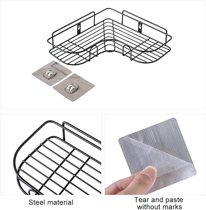 1-Shelf Modern Black Iron Corner Shower Caddy, Strong & Durable, No Drill Wall Mounted Shower Shelf for Bathroom, Kitchen, Bedroom, Office