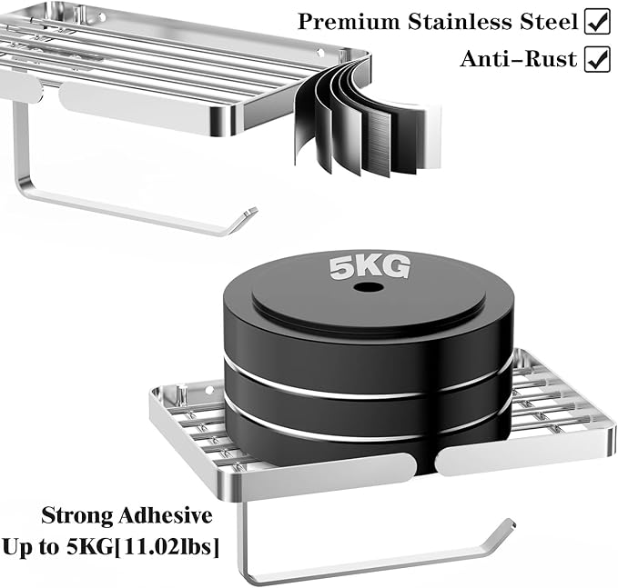Toilet Paper Holder with Wipes Holder, Self Adhesive Toilet Rolls Holder Without Drilling, Rustproof Stainless Steel