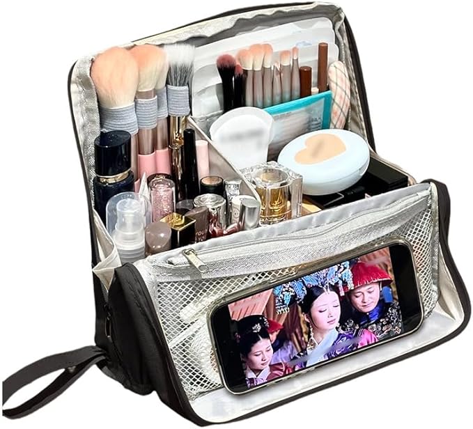 standing Makeup Bag, Compact Yet Spacious Cosmetic Organizer, Waterproof Toiletry Bag with Divider, Brush Holder, Upright Design & Phone/Mirror Holder, Portable Travel Case,black