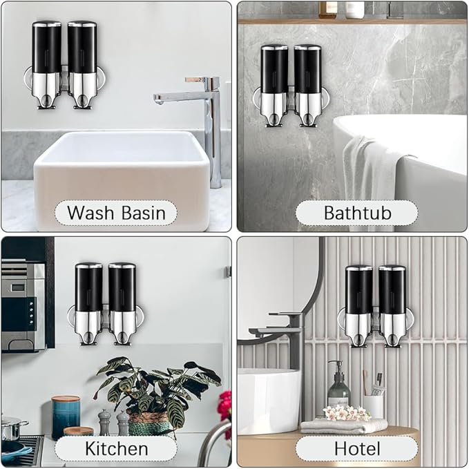 2 Chamber Wall Mounted Bathroom Shower Pump Dispenser and Organizer-Holds Shampoo, Soap, Conditioner, Shower Gel, for Bathroom Kitchen Hotel (Black 2 Chamber)