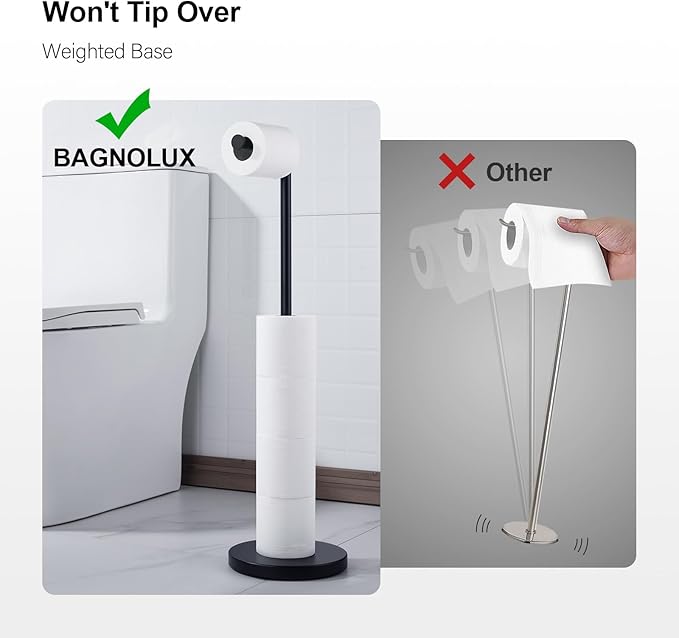 BAGNOLUX Bathroom Toilet Paper Holder Stand with Reserve, SUS304 Stainless Steel Rustproof Pedestal Tissue Roll Holder Heavy Duty (Matte Black)