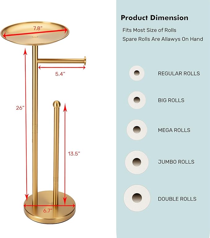Freestanding Toilet Paper Holder with Shelf, Gold Toilet Paper Stand with Storage Tray and Space for 4 Extra Rolls