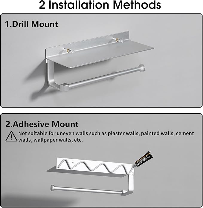 Danpoo Wall Mount Paper Towel Holder with Shelf for Bathroom/Kitchen, Adhesive Hand Towel Holder, Matte Silver