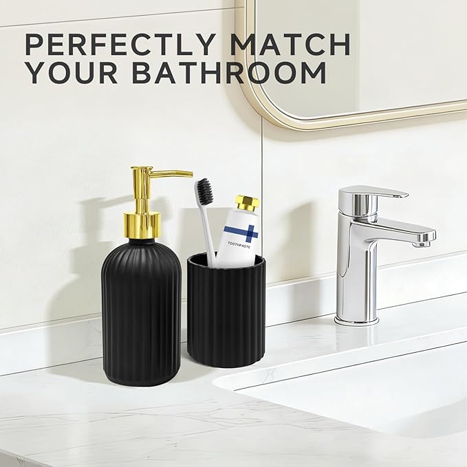 2 PCS Black and Gold Glass Bathroom Accessory Sets, Black Bathroom Set, Soap Dispenser and Toothbrush Holder Set for Modern Bathroom Decor