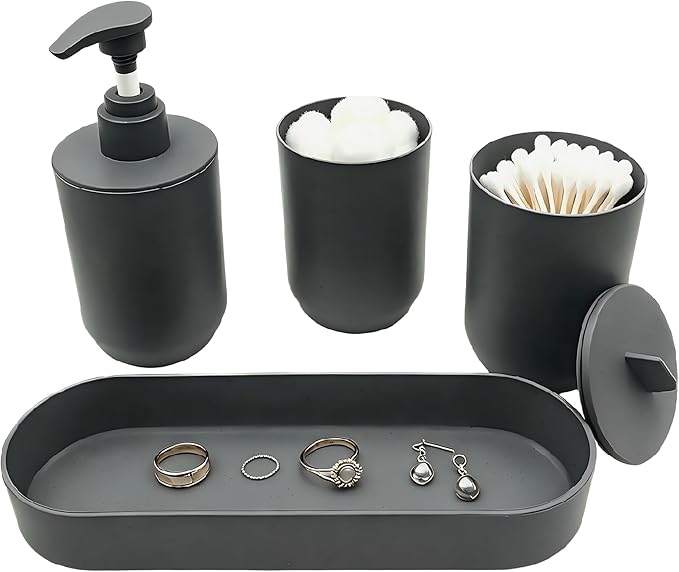 4-Piece Dark Gray Bathroom Accessory Set, Plastic Home Organizer with Lotion Soap Dispenser, Tumbler, Cotton Swab Cup & Vanity Tray – Modern Home Decor for Any Bathroom