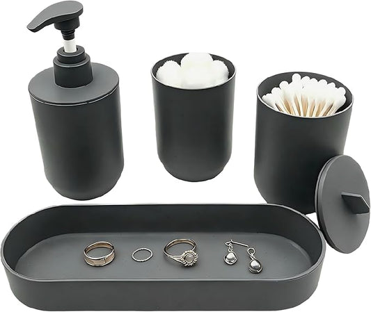 4-Piece Dark Gray Bathroom Accessory Set, Plastic Home Organizer with Lotion Soap Dispenser, Tumbler, Cotton Swab Cup & Vanity Tray – Modern Home Decor for Any Bathroom